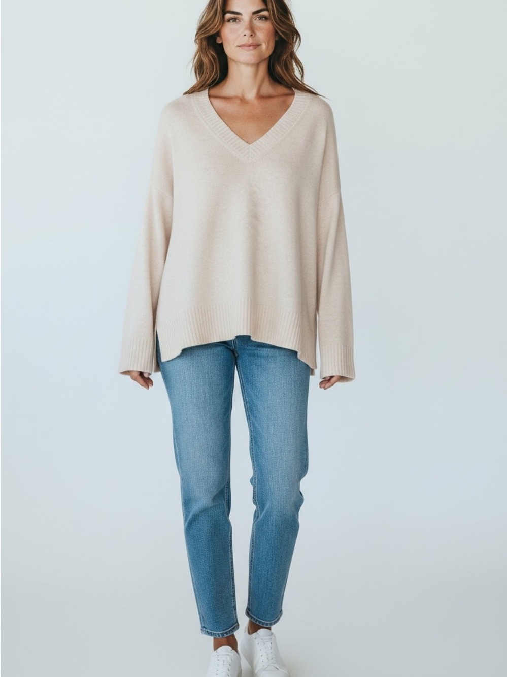 Luisa Cerano V-Neck Cream Wool Cashmere Slouchy Sweater